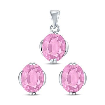 Jewelry Set Pendant Earring Oval Simulated Pink Cubic Zirconia 925 Sterling Silver